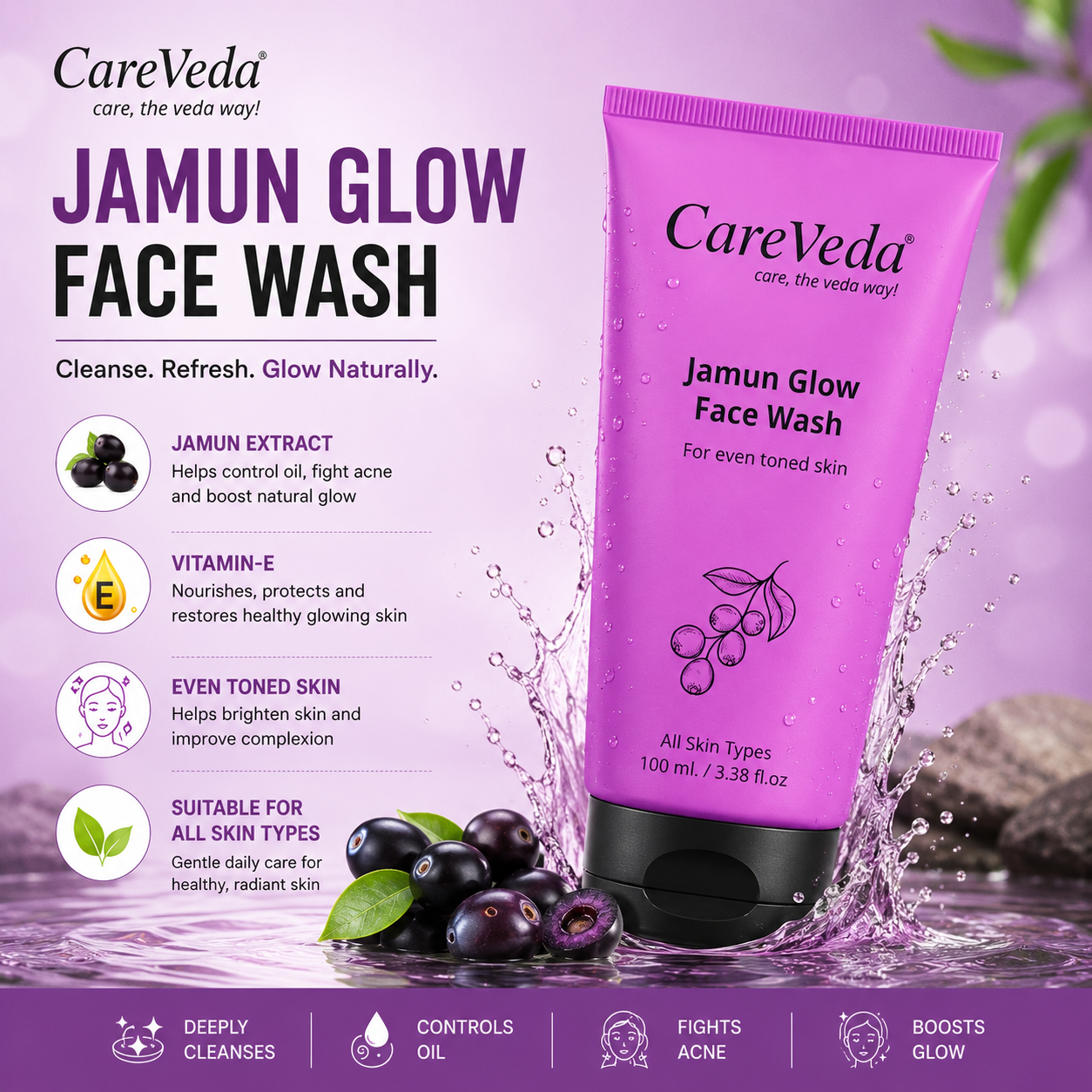 CareVeda Jamun Glow Face Wash 100ml | Antioxidant Face Cleanser for Even Toned & Glowing Skin