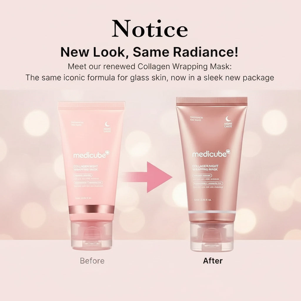 Collagen wrapping mask packaging comparison with 'Before' and 'After' labels on a white background.