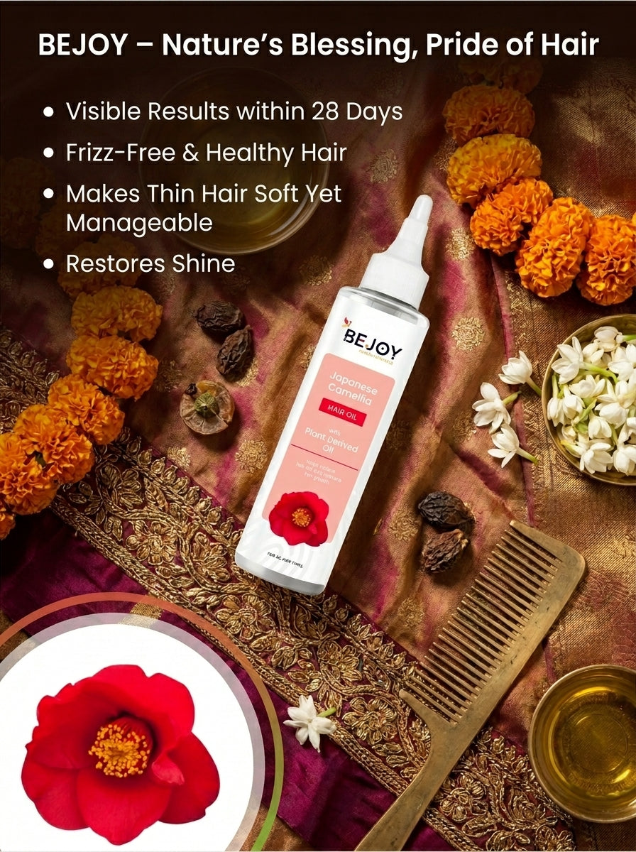 BEJOY hair care product with marigold flowers and a comb on a decorative background