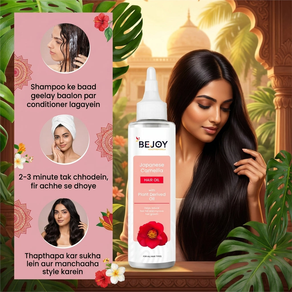 BEJOY hair oil bottle with a woman with long hair and a pink background with text.