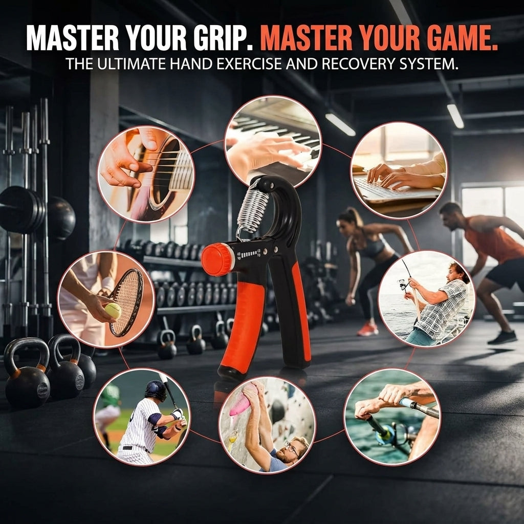 Hand grip trainer with text 'Master Your Grip, Master Your Game' in a gym setting.