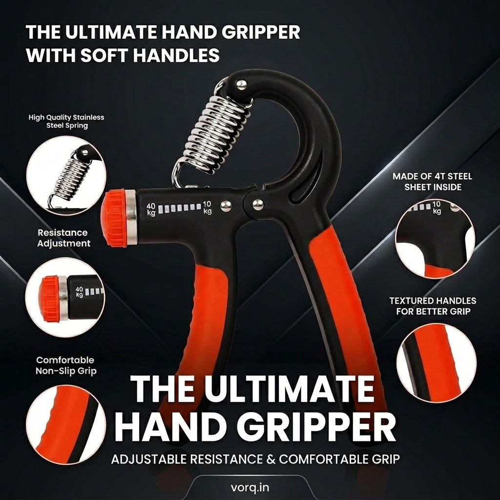 Hand gripper with features highlighted on a dark background