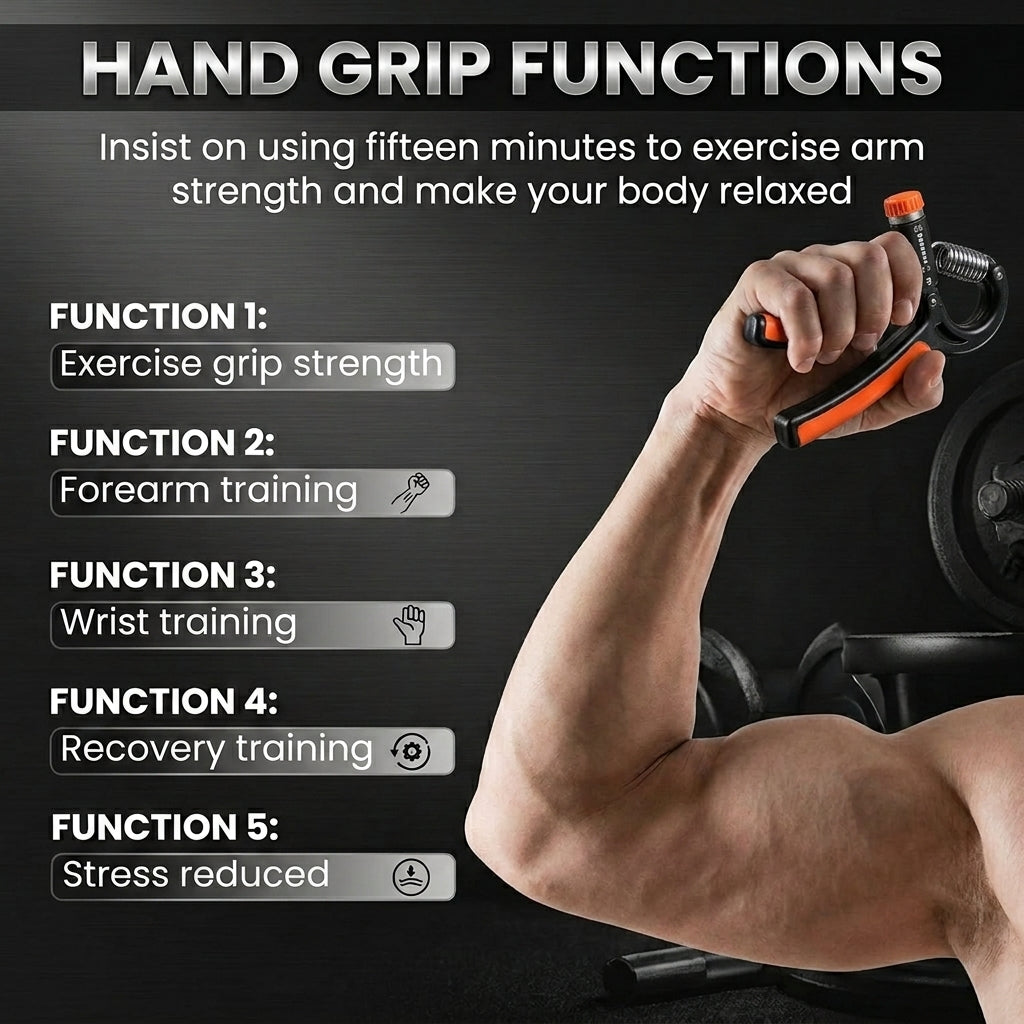 Hand grip trainer being used with text on hand grip functions on a dark background