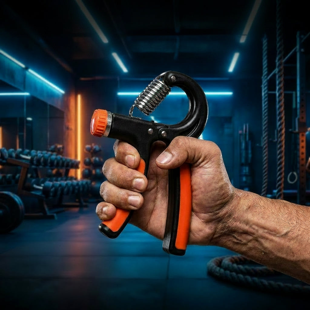 Hand grip trainer with adjustable resistance in a gym setting, text 'Ultimate Grip Strength' and 'Unleash Your Power'.