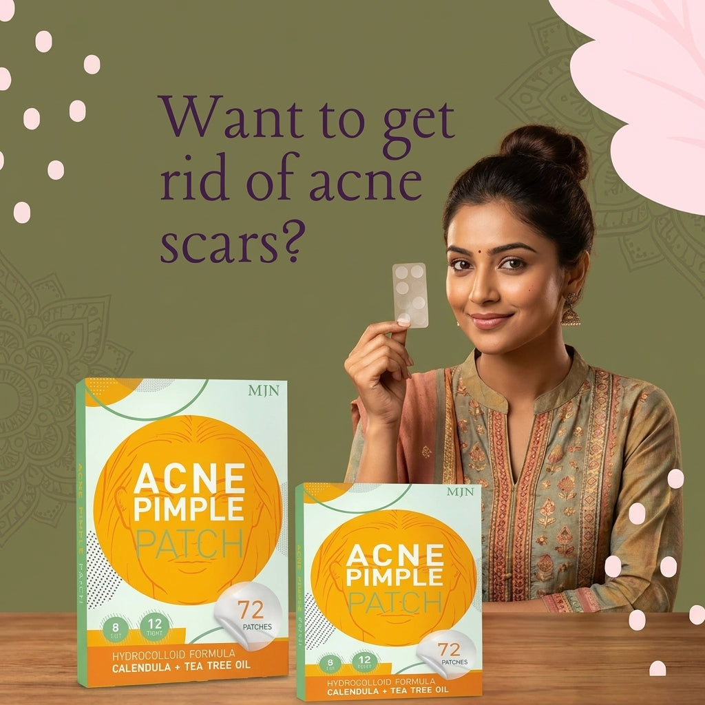 Woman holding acne pimple patches with product packaging on a wooden surface and green background.