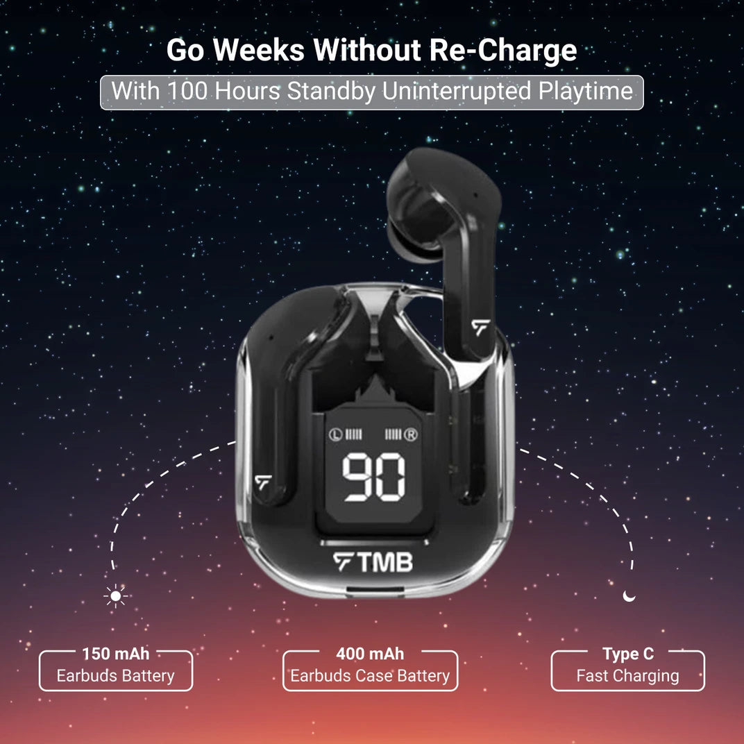 Crystal Earbud with 48H Playback Time, BT Version-5.2 & True Wireless Stereo Bluetooth Headset (Black, True Wireless)