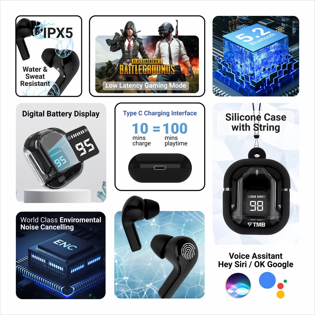 Crystal Earbud with 48H Playback Time, BT Version-5.2 & True Wireless Stereo Bluetooth Headset (Black, True Wireless)