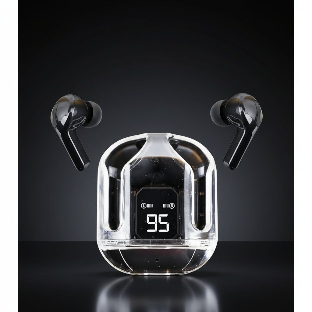 Black wireless earbuds with a clear charging case displaying battery level on a white background