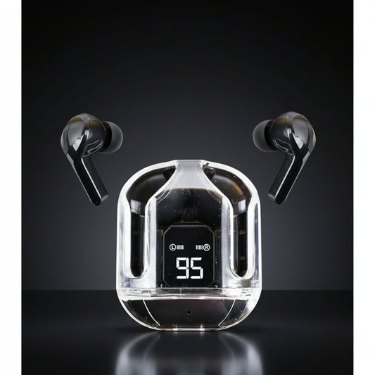 Black wireless earbuds with a clear charging case displaying battery level on a white background